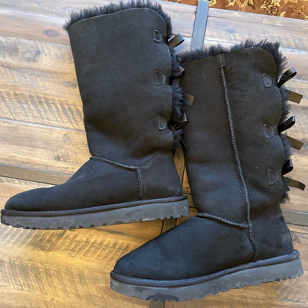 UGG Women's Black Tall Suede Boots with Back Bow Detail - Picture 2 of 14